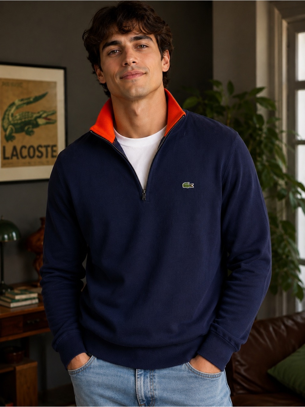Lacoste Men's Navy Quarter-Zip Sweater with Orange Contrast Collar